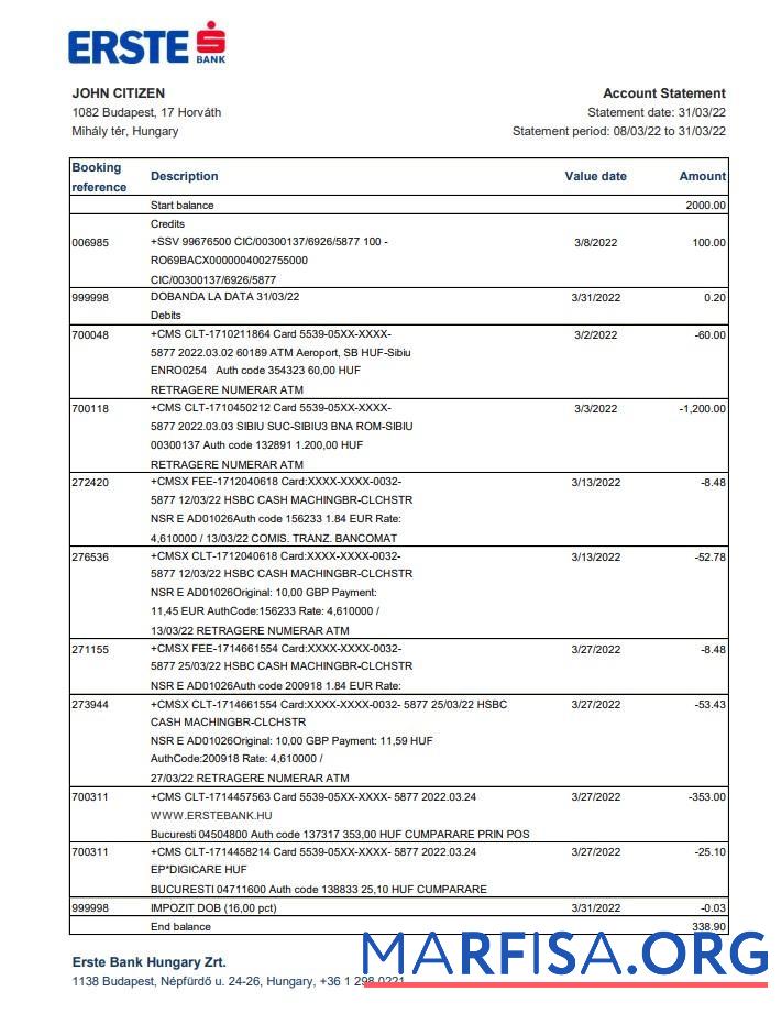 Printable Hungary Erste bank statement excel template